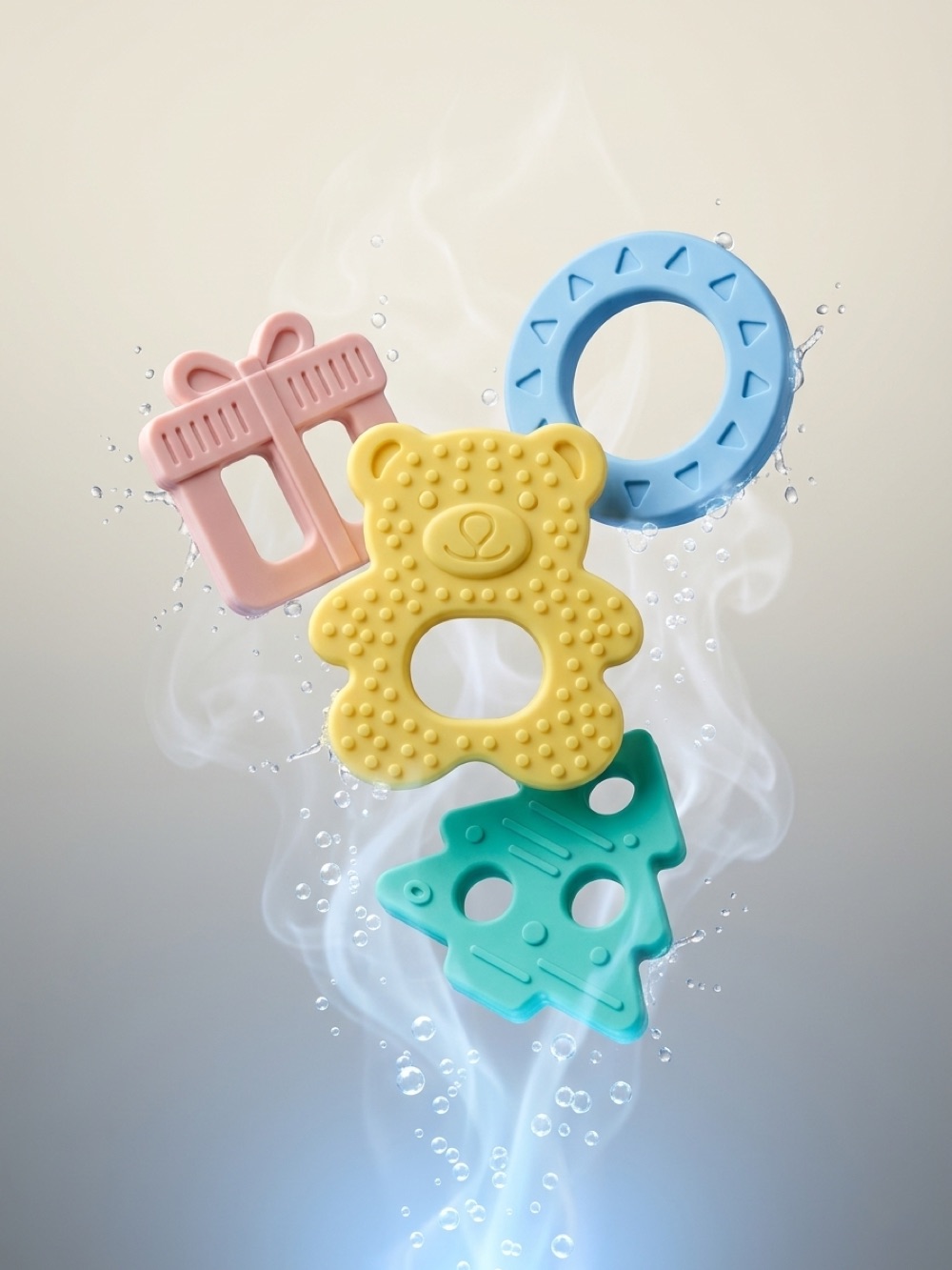 The four Babylul silicone teether shapes with a fresh cooling water splash