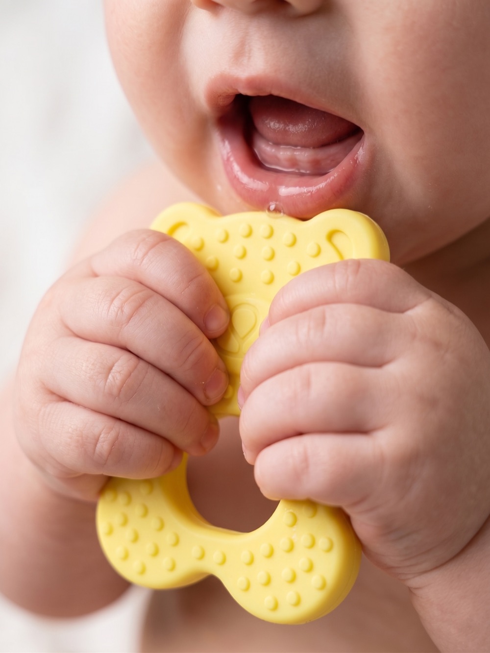 Close-up of the dimpled Babylul silicone texture as a baby chews