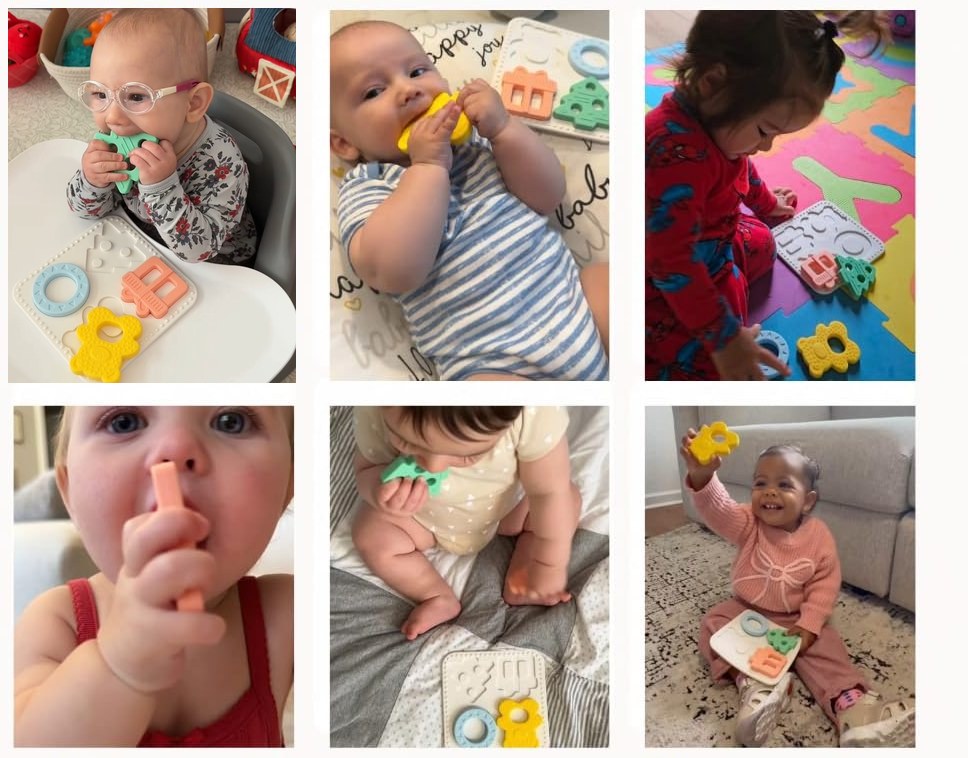 Real babies and toddlers playing with and chewing the Babylul teether puzzle